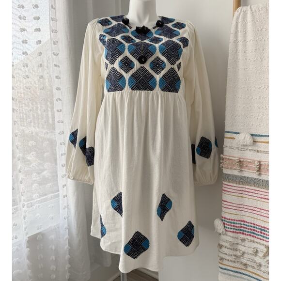 Figue Lucie White Blue Embroidered Pom Pom Long Balloon Sleeves Boho Mini Dress - Picture 2 of 13